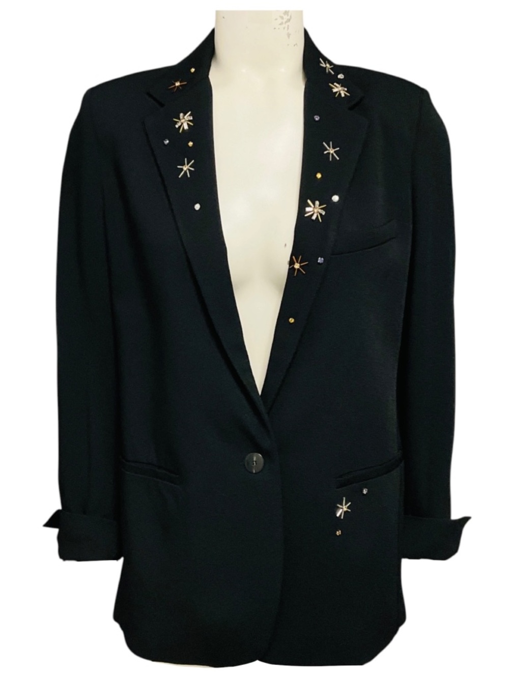 forte_forte Black Crystal Embellished One Button Jacket